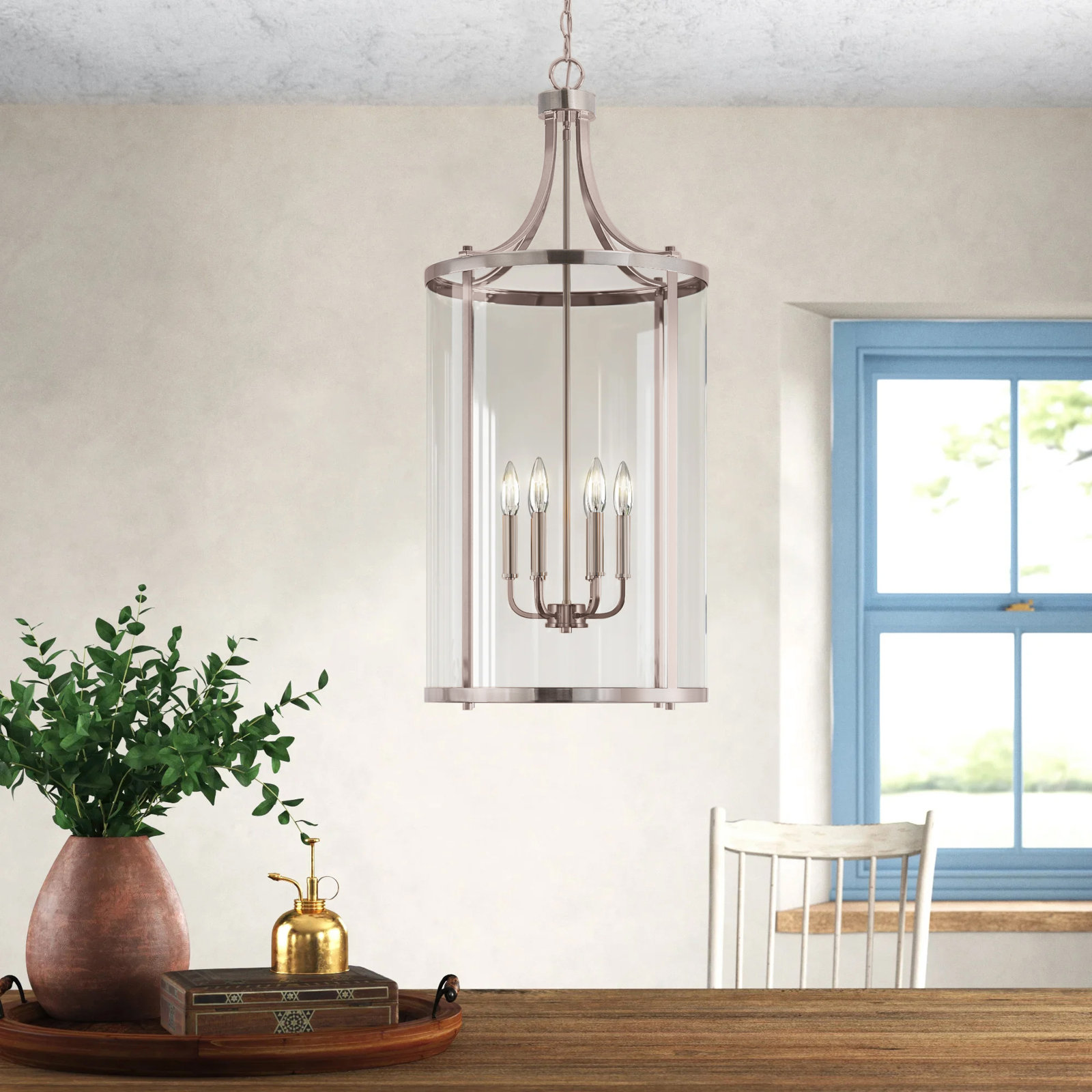 Wayland Dimmable Lantern Chandelier, Satin Nickel, 6 Lights, 34" H x 16" W x 16" D