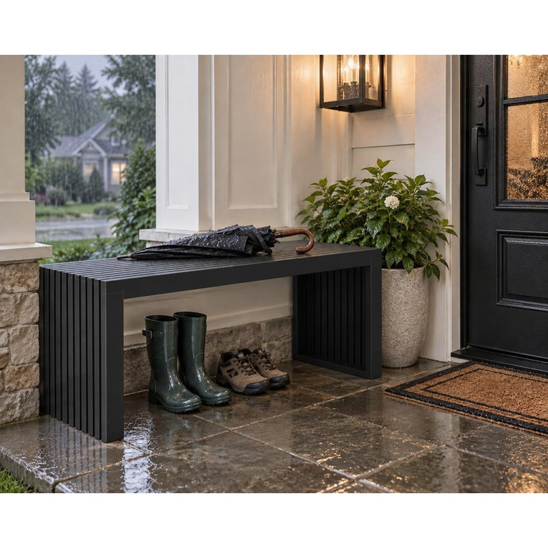 Banc de salle à manger en bambou noir avec siège à lattes, entrée moderne et banc de chambre à coucher pour une utilisation intérieure et extérieure