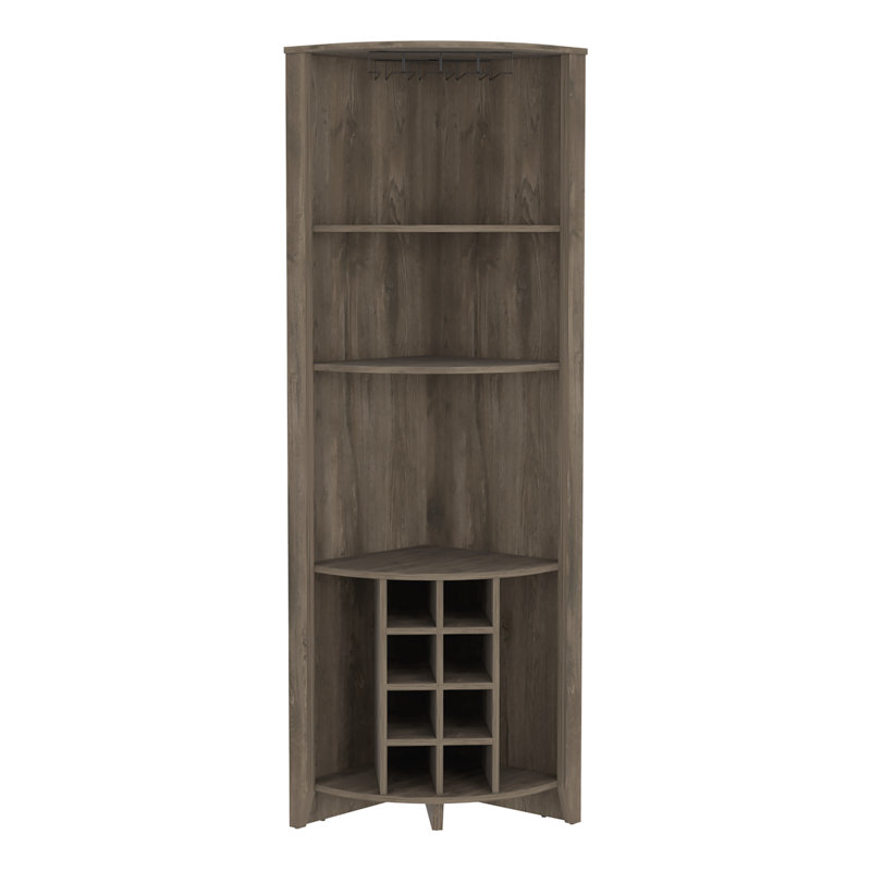 Armoire de coin Essential, trois tablettes, huit porte-bouteilles encastrés, deux tablettes latérales brun foncé