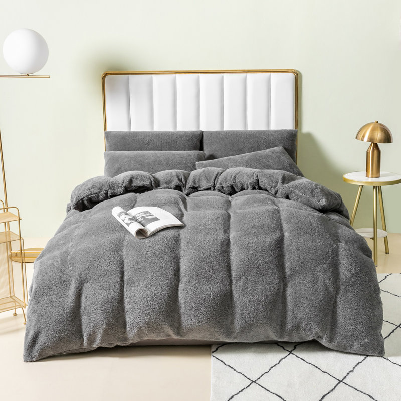 Teddy Fleece Duvet Cover set, Dark Grey, Single - 1 Standard Pillowcase