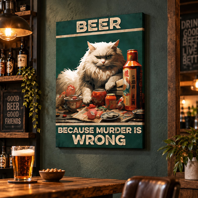 «Beer parce que Murder Is Wrong», art mural sur toile moelleuse avec chat blanc - décoration de salon, de chambre à coucher ou de bureau