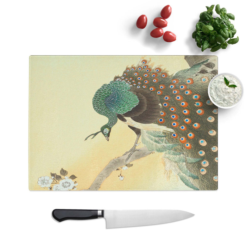 Tempered Glass Peacock on a Cherry Blossom Tree by Ohara Koson Chopping Board, 39 cm W x 28.5 cm L