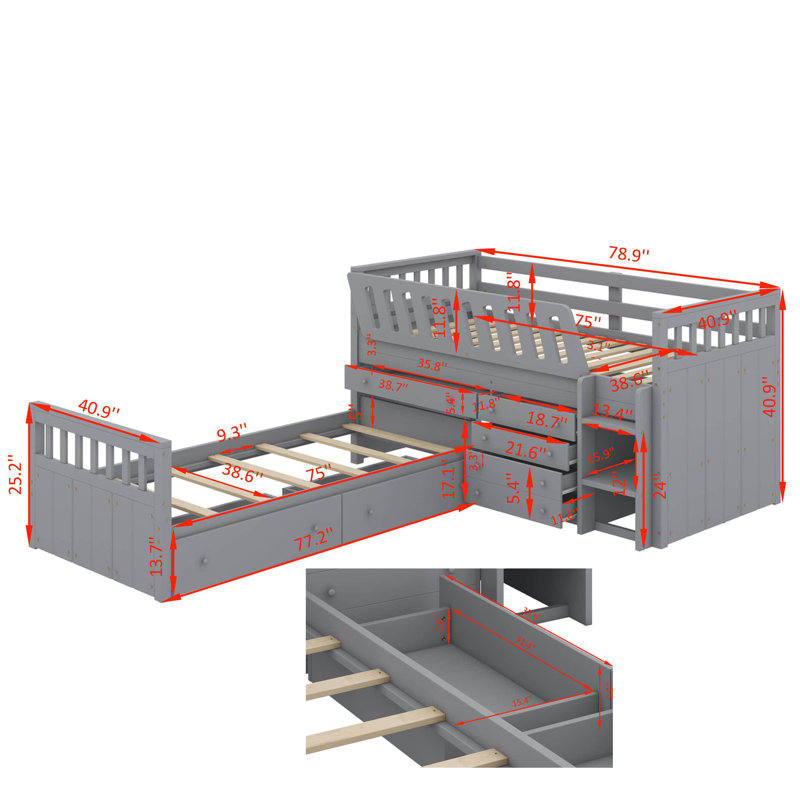 L-Shaped Space-Saving Twin Loft And Twin Platform Bed With 7 Drawers And Guardrails, Grey