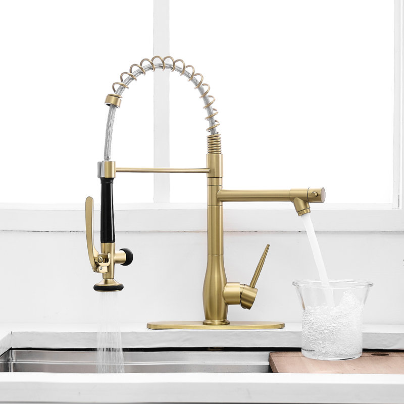 Robinet de cuisine contemporain monotrou en or brossé, rétractable, évier doré commercial durable à ouverture et fermeture 500 000 fois avec installation facile de bricolage, température de l'eau stable