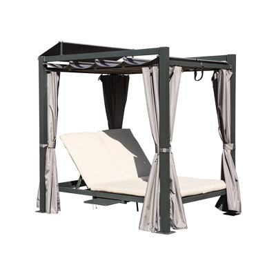 Aluminum Daybed For Outdoor Use With Canopy, Double Chaise Lounge, Grey Curtain, Beige Cushion, Cup Holder Backyard, Patio Retractable Canopy - Lounge Outside Spaces Hidden