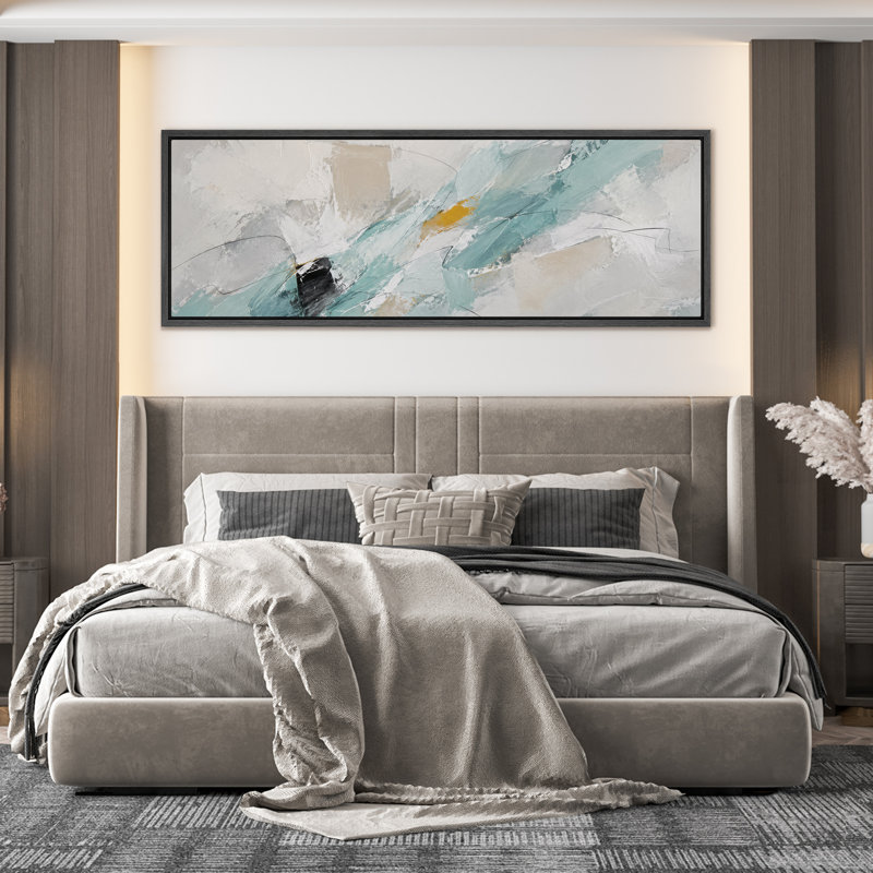 Aqua turquoise, décoration murale abstraite - grande impression sur toile encadrée pour chambre principale, Noir