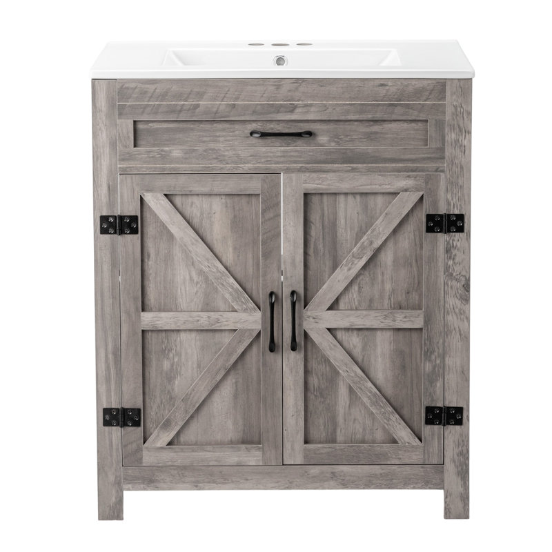30'' Bathroom Vanity Barn Door U-Shelf With Ceramic Top Sink