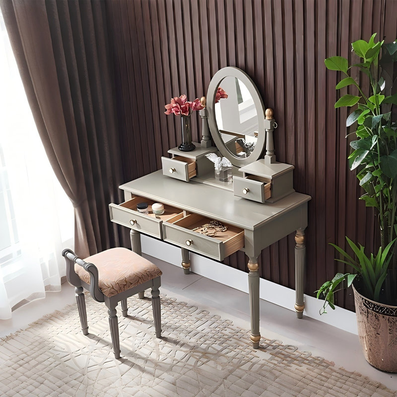 Meuble-lavabo 35,43 po en bois de frêne gris massif avec miroir et tabouret de coiffeuse