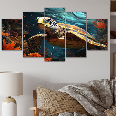 Tortue aquatique Wanderer géométrique I - animaux, reproduction d'art murale - 5 panneaux