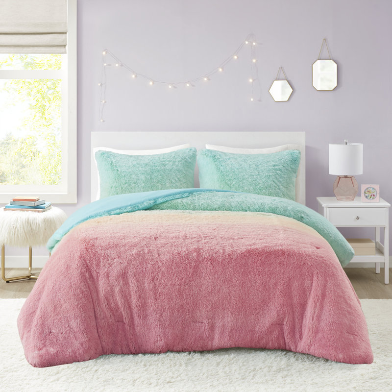 Ensemble d'édredon en fausse fourrure 3 pièces Primrose Aqua, Édredon double / grand + 2 taies décoratives sta