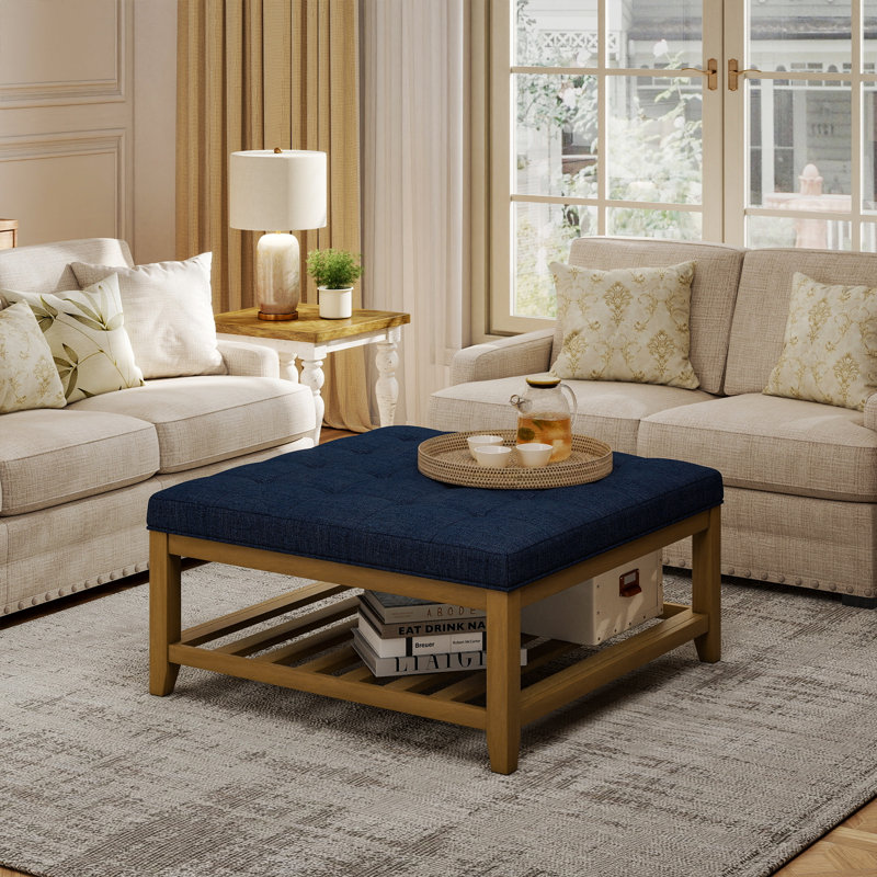 32" W Tufted Solid Wood Square Cocktail Ottoman with Storage Shelf-Navy, Navy, 32'' x 32'' x 18.5“