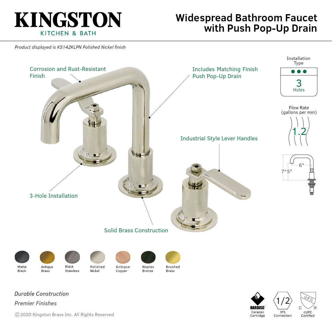 Kingston Brass Whitaker Two-Handle 3-Hole Deck Mount Widespread Bathroom Faucet with Push Pop-Up Drain, Naples Bronze