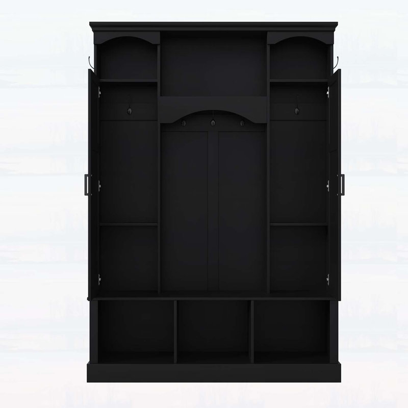 Elegant Design Hall Tree,Arched Storage Bench with Dual Side Cabinets,Elegant Entryway Organizer with 7 Hooks, Black