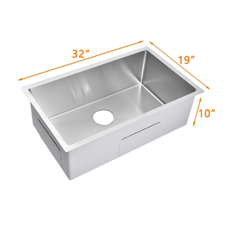 Topcraft 32" L x 19" W Undermount Kitchen Sink, 18 Gauge T304 Stainless Steel Single Bowl Deep Kitchen Sink