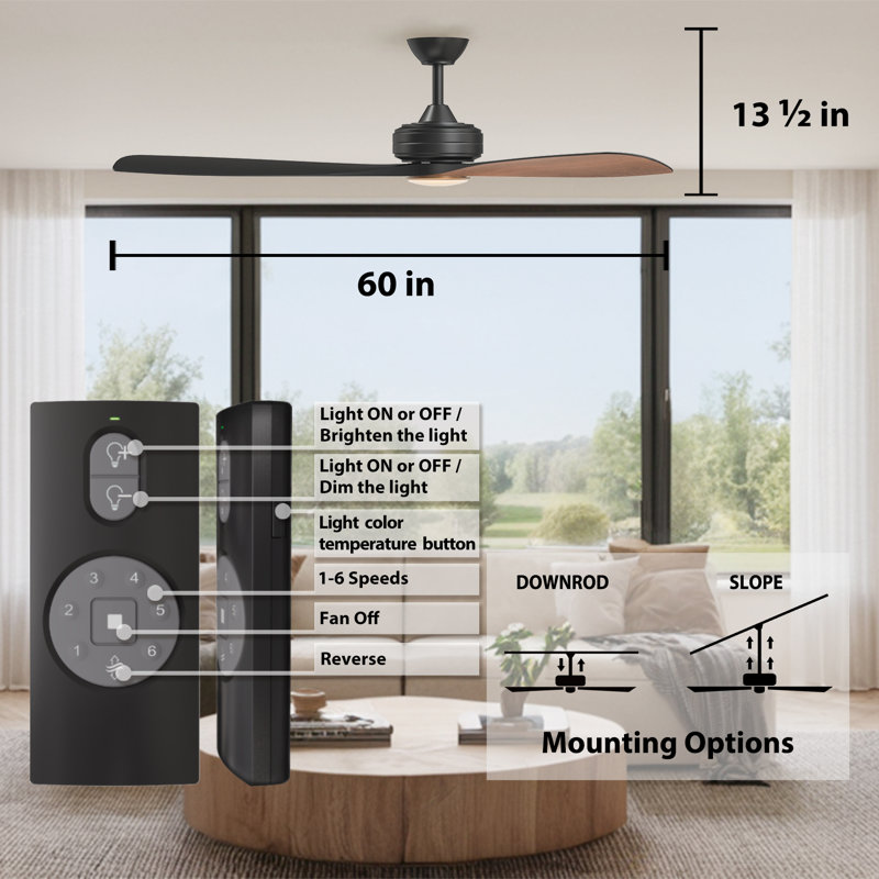 60” Windward 3-Blades Ceiling Fan with Color Changing Integrated LED Light Kit and Remote Control Included