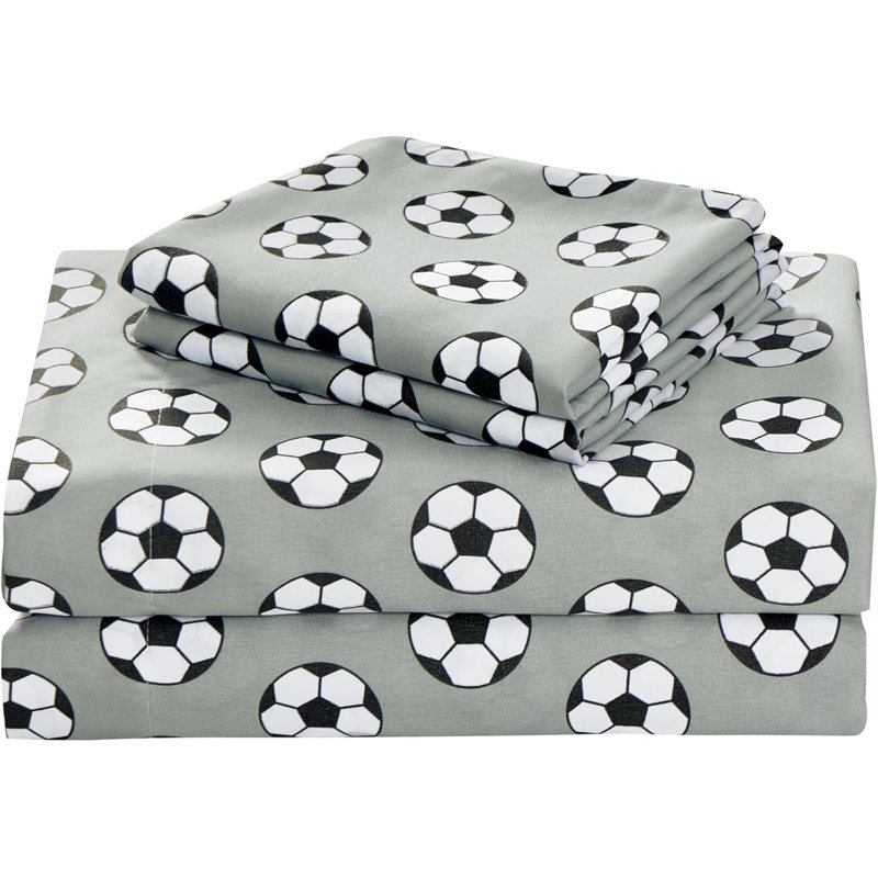 Soccer Sports Microfiber Sheet Set, Full Sheet Set with 2 Pillowcases, Black/White/Gray