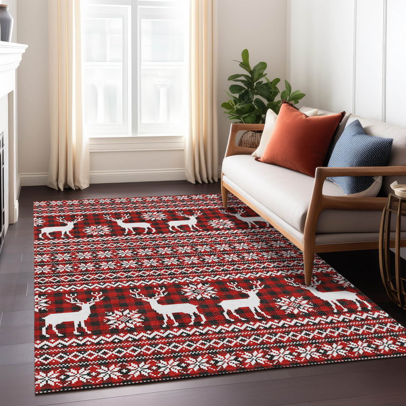 Red and White Reindeer Pattern Washable Synthetic Rug 5' x 7'