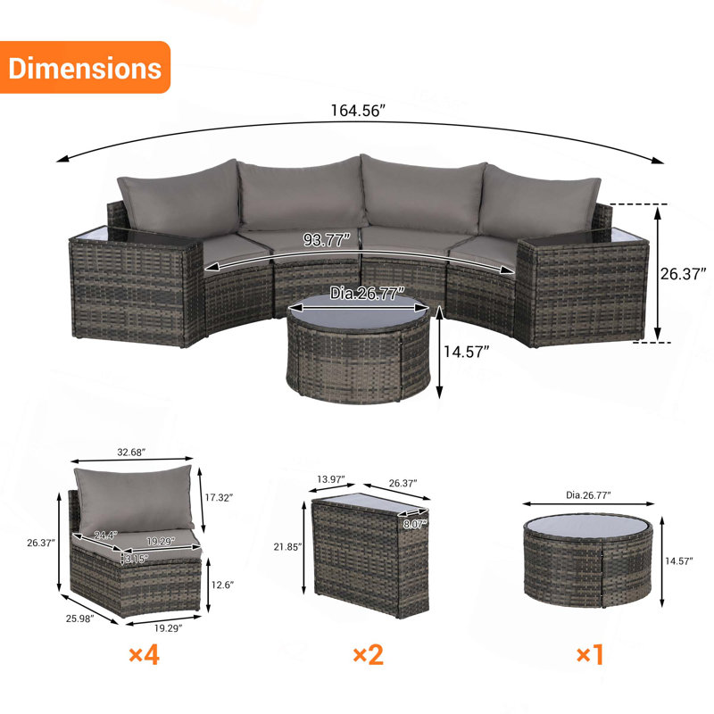 Outdoor Patio Furniture 7-Piece Half-Moon Sectional Round Patio Furniture Set Sofa With Tempered Glass Round Coffee Table