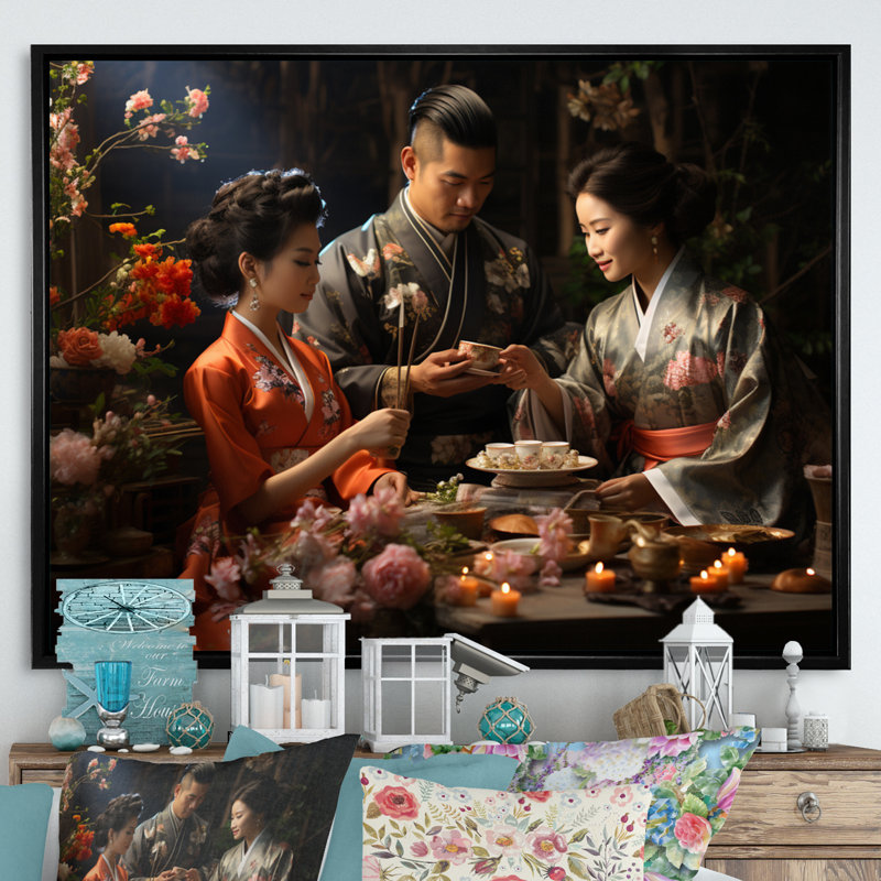 «Asian Art Harmony in Tea» - reproduction d'art, H 24 po x l 32 po x P 1 po, Toile avec cadre flottant noir