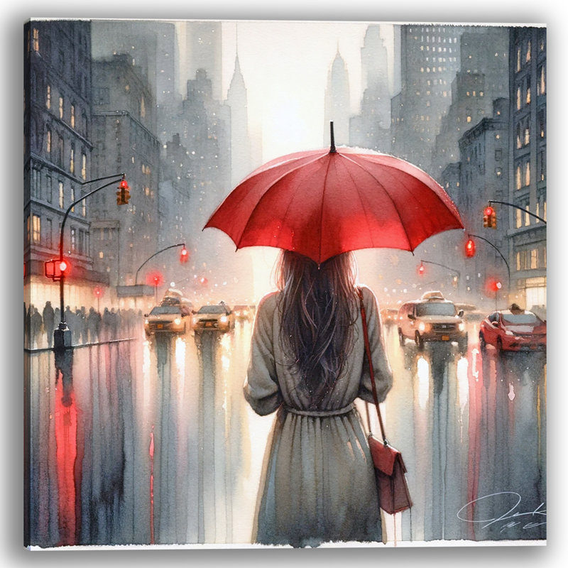 Crimson Reflections Urban Rainfall and Red Umbrella sur toile, H 12 po x l 12 po x P 1 po