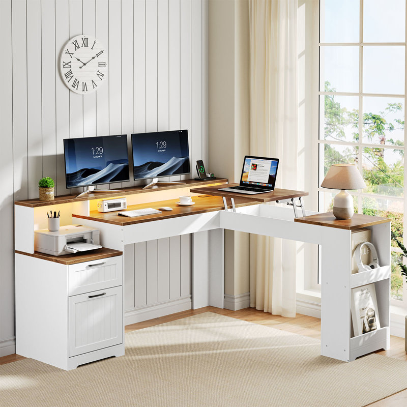 L-Shaped Desk With RGB Lighting & Power Outlets, Home Office Computer Desk With Drawers and Lift-Top Design