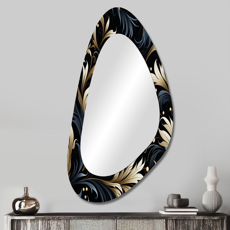 «Damask Black and Grey Calligraphy Flourish I» - miroir mural décoratif asymétrique damassé, miroir de forme irrégulière Boho, reproduction d'art en métal