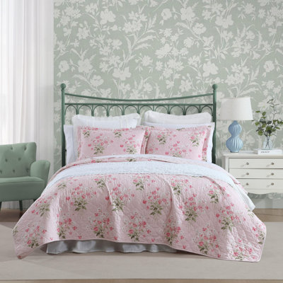 Laura Ashley Veronicas Bouquet Cotton Reversible Pink Quilt Set