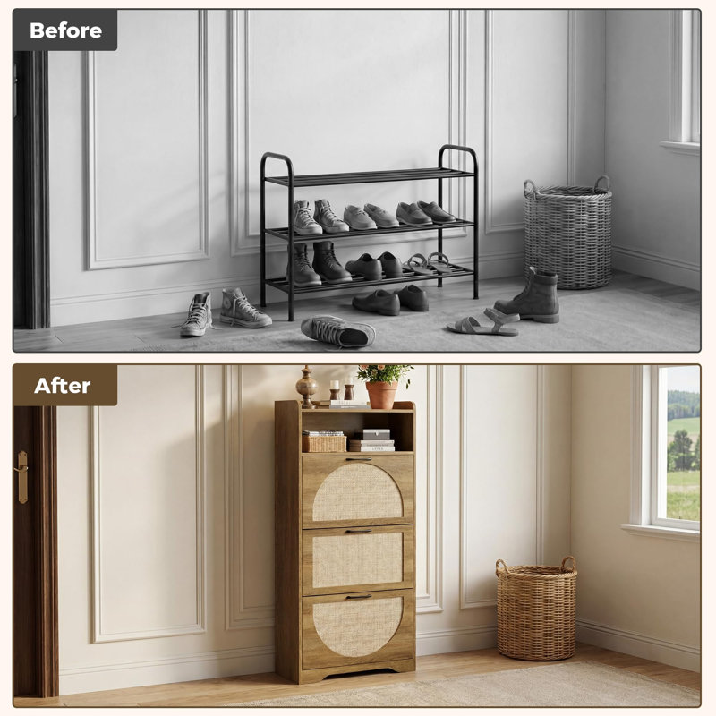 Rattan Shoe Storage Cabinet, Narrow Shoe Storage Unit with 3 Flip Drawers