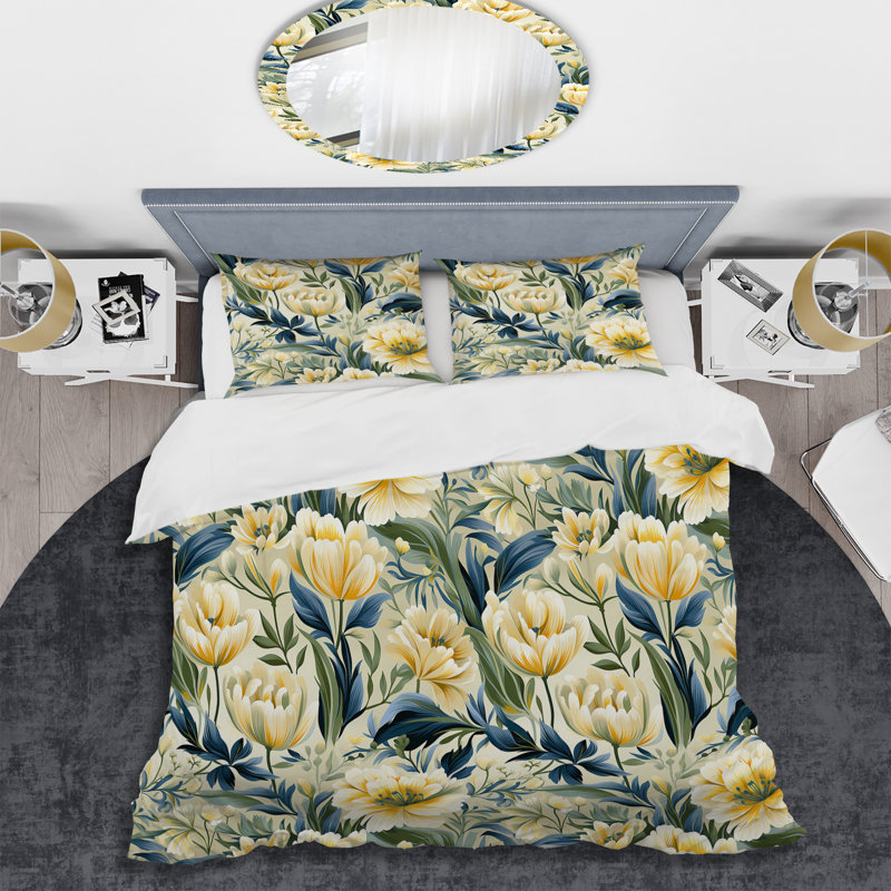 Yellow And Green Botanical Ikat Haven Polyester Box Stitch Floral Duvet Cover Set, Twin Duvet Cover + 1 Standard Sham