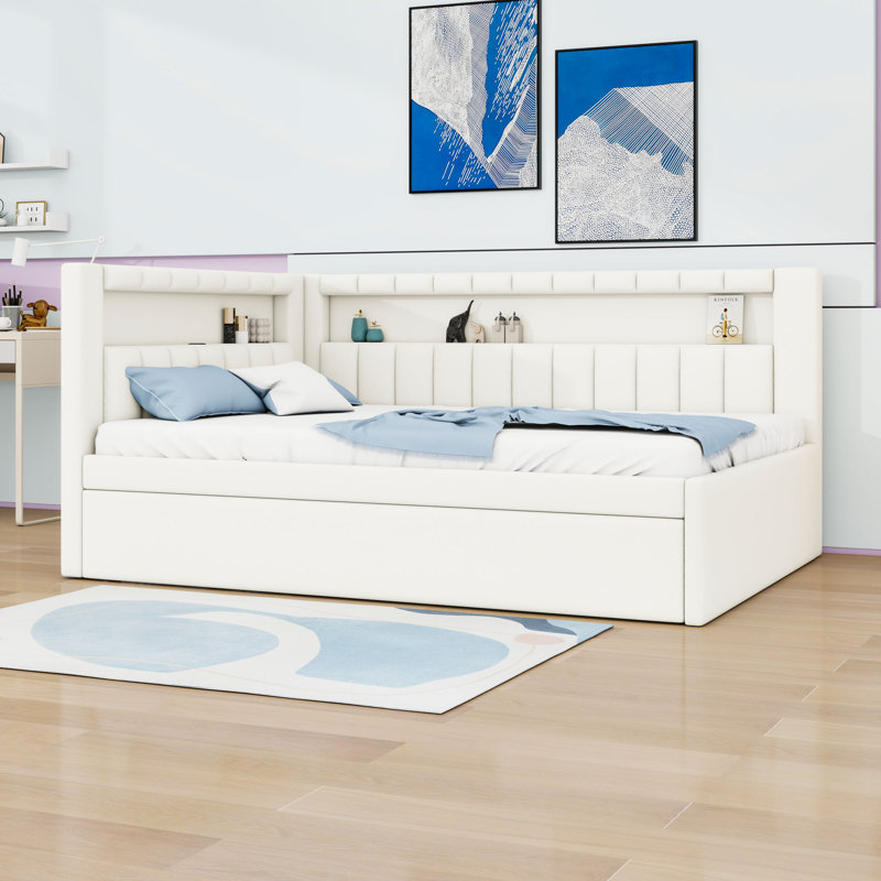 Full Upholstered Daybed with USB Ports, LED Lights and Trundle, White