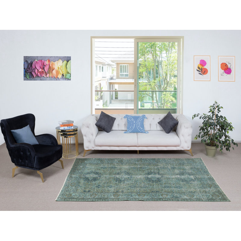 Tapis bleu sarcelle 4,7 x 8,2 pi. Tapis turc fait à la main. Décoration intérieure moderne