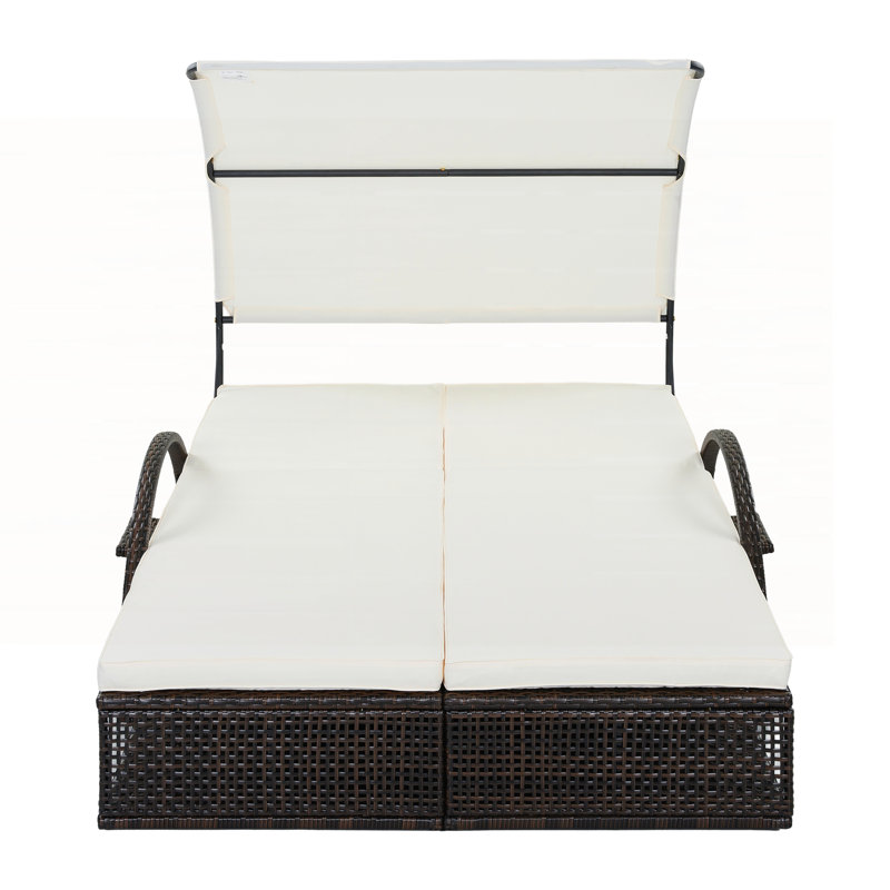 Chaise longue d'extérieur en acier avec dossier réglable, lit double de patio avec table d'appoint cachée et accoudoirs arqués, convient pour la terrasse de la piscine, le jardin et la cour