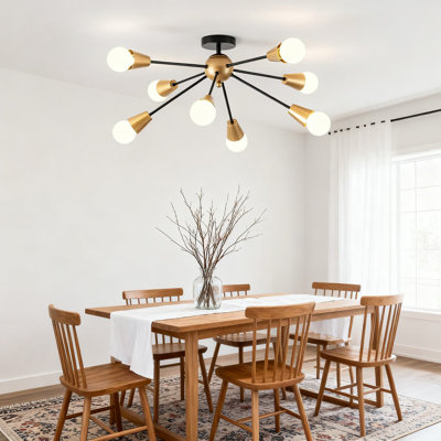 Modern Sputnik Ceiling Light Fixture With 8 Lights, Industrial Semi Flush Mount Chandelier In Black And Gold For Bedroom Kitchen Dining Room