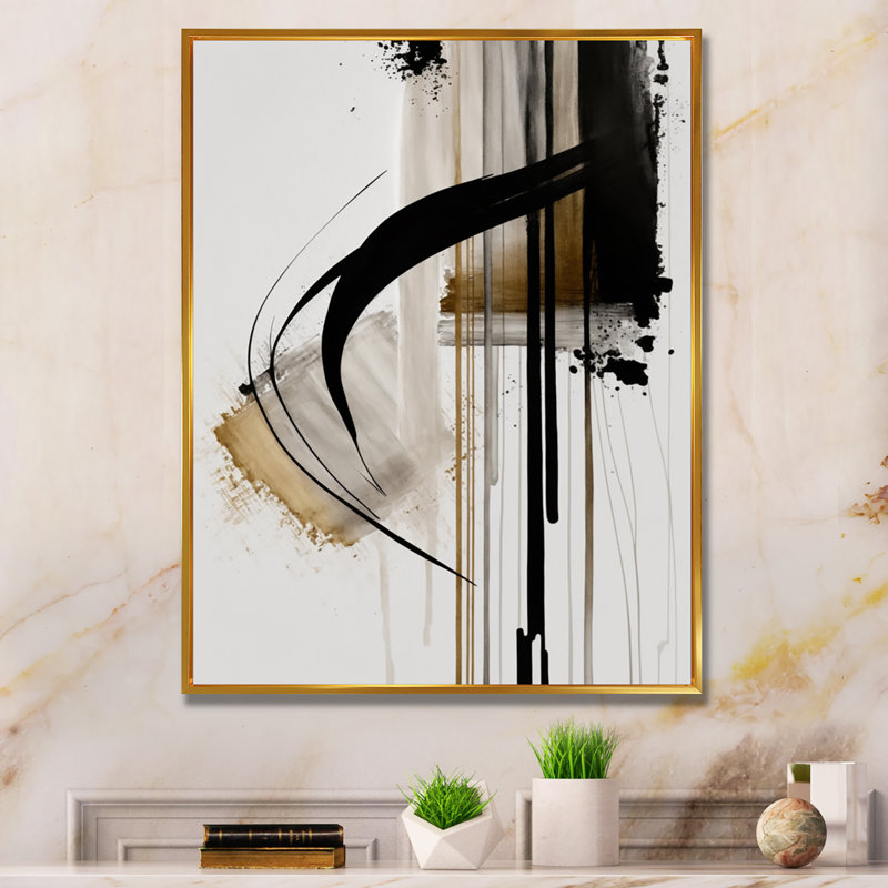 Noir, blanc et or Expression I - art mural abstrait, H 40 po x l 30 po, Toile avec cadre flottant, Doré