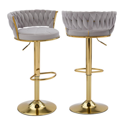Ensemble de 2 tabourets de bar George avec dossier rembourré en velours tissé, tabourets de comptoir réglables en hauteur, tabourets de cuisine pivotants pour îlot de cuisine, bar, gris