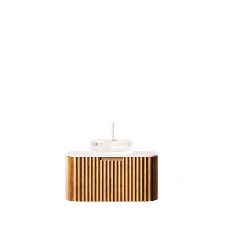 Meuble-lavabo de 76 cm avec lavabo rond transparent, armoire suspendue de couleur naturelle, tiroir à rayures 3D, préassemblé, système de fermeture amortie, grand espace de rangement, structure en contreplaqué, design moderne en verre et en bois