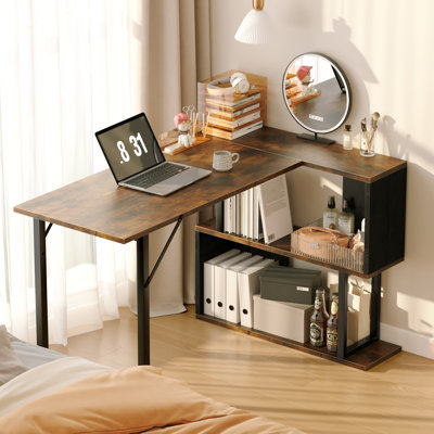 Bureau d'ordinateur en forme de L de 123,4 cm (48,6 po) - Bureau d'angle moderne avec étagères de rangement à 2 niveaux - Poste de travail industriel