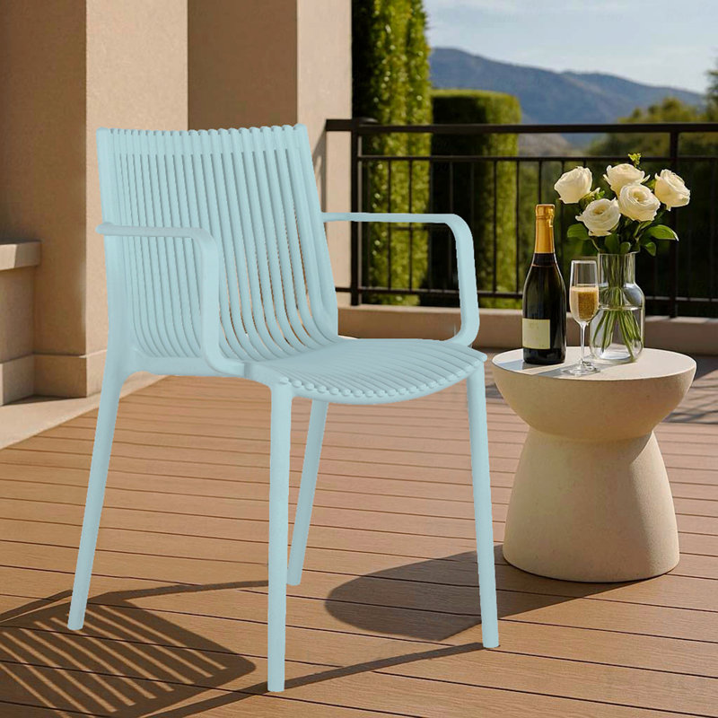 Indoor And Outdoor Armchair, Modern Stackable Plastic With Ergonomic Slatted Back Design, All-Weather PP Material, Blue