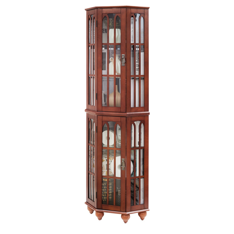 Vitrine de coin avec tablettes en verre trempé et éclairage, pieds en bois massif réglables H 69,31 po, Brun