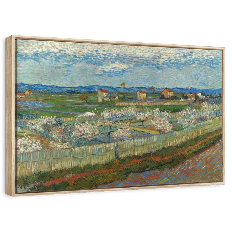 Pêcher en fleur, 37 po x 25 po, Cadre flottant en bois naturel