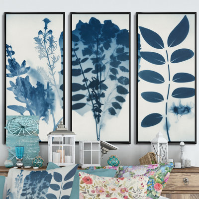 Fleurs sauvages rétro dans les tons de bleu VII - 3 pièces sur toile