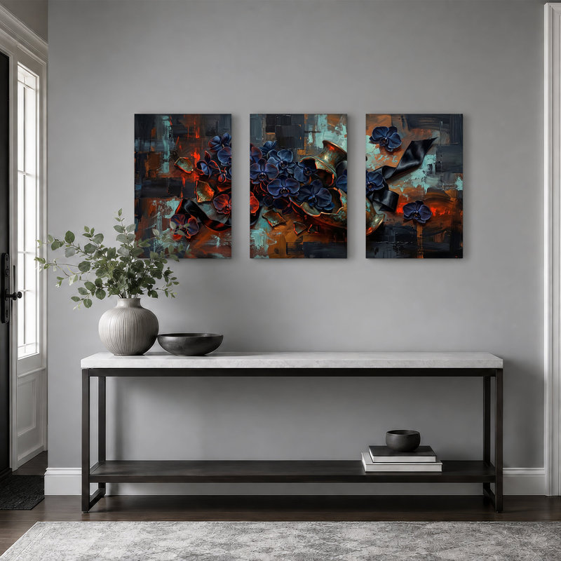 Orchidées bleu foncé avec vase en cuivre, ensemble de 3 toiles, H 30 po x l 20 po x 3 pièces