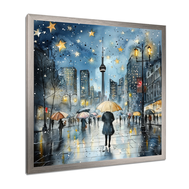 Vue nocturne de Toronto de la tour Cn I - art mural de Toronto, H 16 po x l 16 po, Reproduction encadrée, Argent argent
