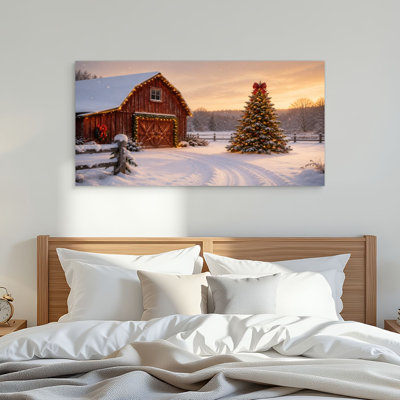 Toile, art de Noël, toile, maison d'hiver, arbre, scène de neige, décoration murale pour le salon, la salle de bain, la chambre à coucher, le bureau, H 24 po x l 48 po, peintures prêtes à être suspendues
