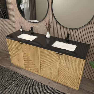 Ensemble de meuble-lavabo autoportant 70,8 po Monterey + double lavabo en acrylique noir renforcé