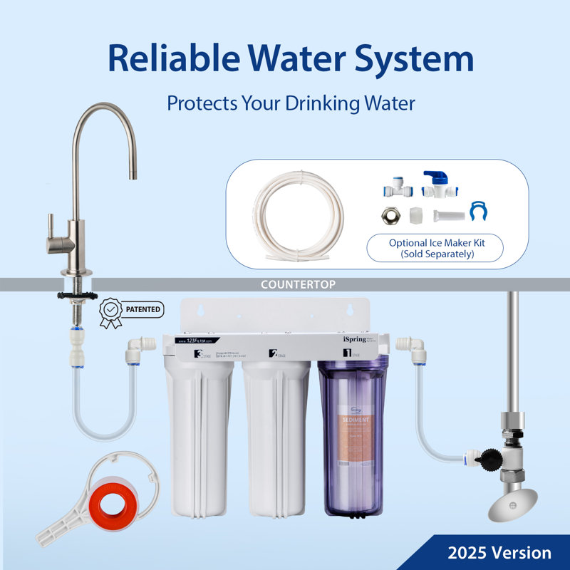  Système d'eau sous l'évier iSpring US31, filtres à eau à 3 étapes certifiés par la NSF, réduction des PFAS, de la chloramine, du chlore et plus, système de filtre à eau sans réservoir avec robinet