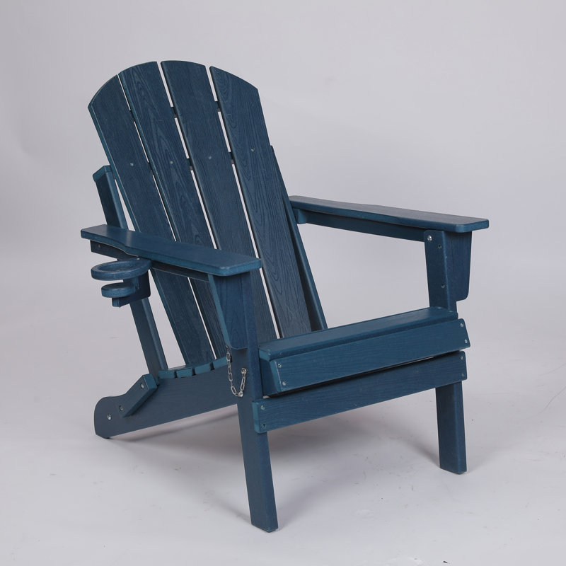 HDPE Folding Adirondack Chair with Dual Cup Holder and Wood Texture, Navy