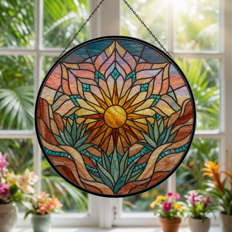 Stained Glass Stained Glass Window Panel，7.8H, 7.8"H
