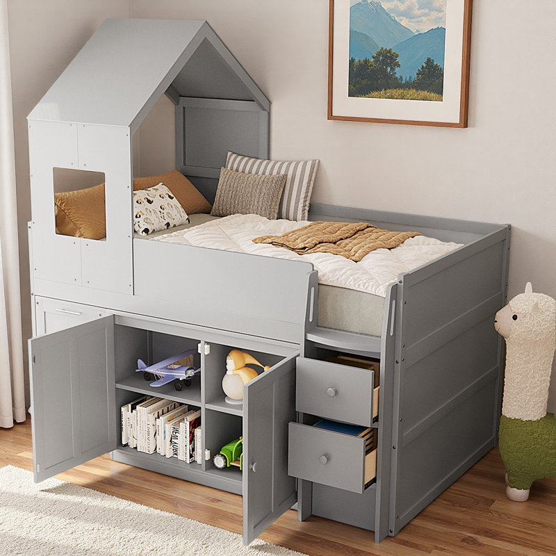 Lit mezzanine en bois avec bureau, tiroirs et armoires, Gris