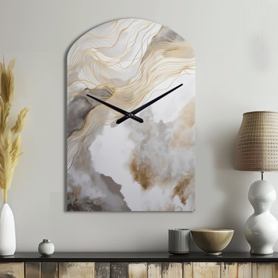 Gold And Grey Abstracted Line Artistry V - Line Art Asymmetrical Metal Clocks, Gold Arch Metal Wall Clock Print